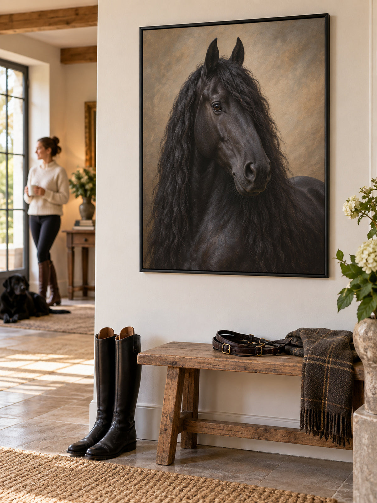 Horse portrait in a metal frame in a living room, Friesian