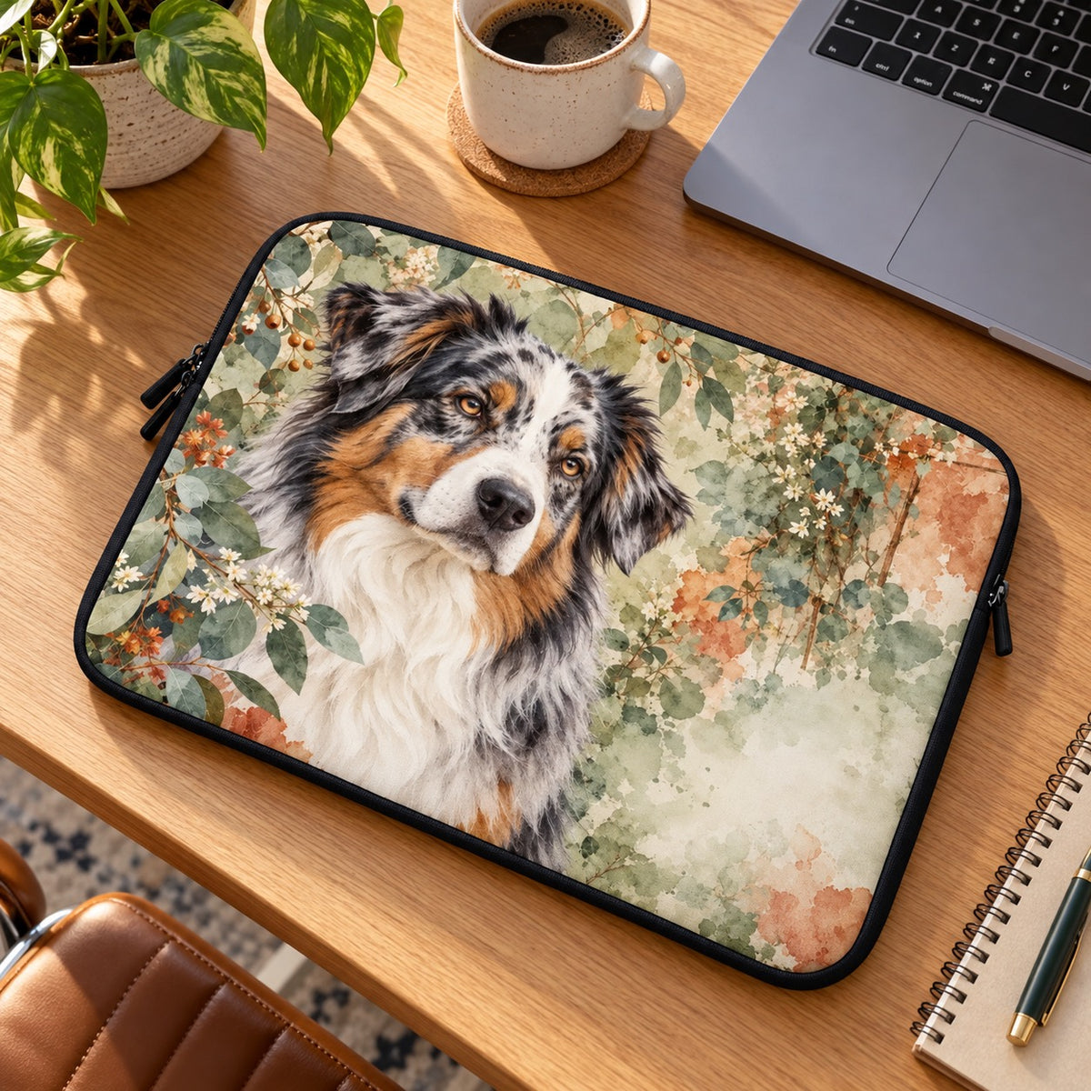 Randlose Laptophülle mit Hund Australian Shepherd im Aquarellstil am Schreibtisch