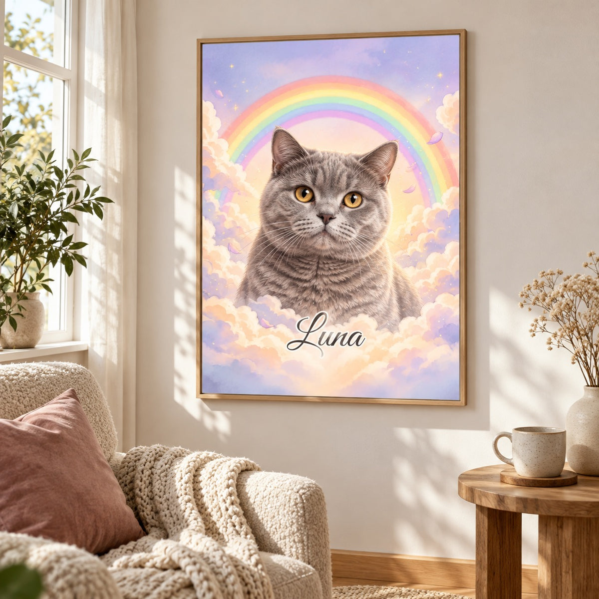 Gedenkportrait Regenbogenbrücke als Poster mit Britisch Kurzhaar Katze in ruhiger Leseecke
