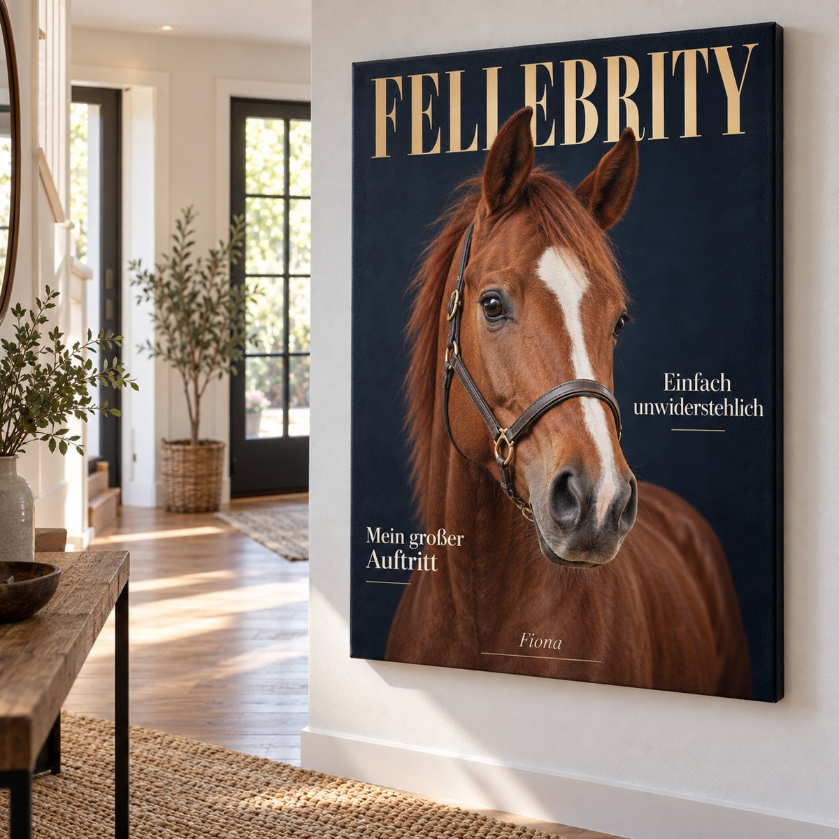 Leinwand als FELLEBRITY Magazin-Cover mit Hannoveraner Pferd im Flur