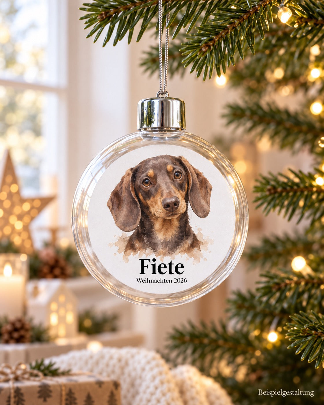 Dackel Fiete als Aquarell auf einer transparenten Christbaumkugel mit klassischer Namensschrift – Beispielgestaltung