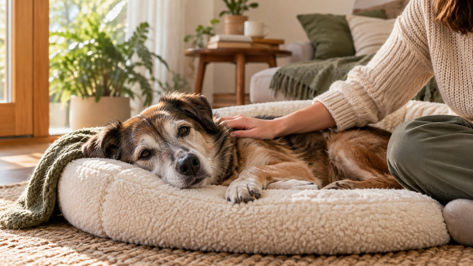 Älterer Hund mit grauer Schnauze wird im Hundebett gestreichelt