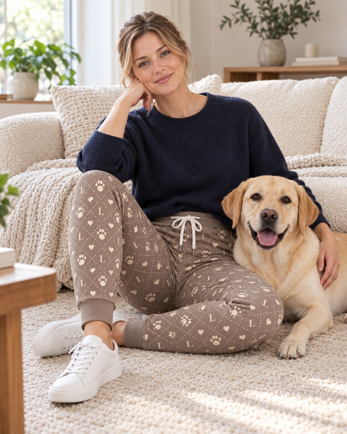 Personalisierte Jogginghose Monogramm mit Initiale des Hundes, getragen auf dem Sofa, Hund Luna