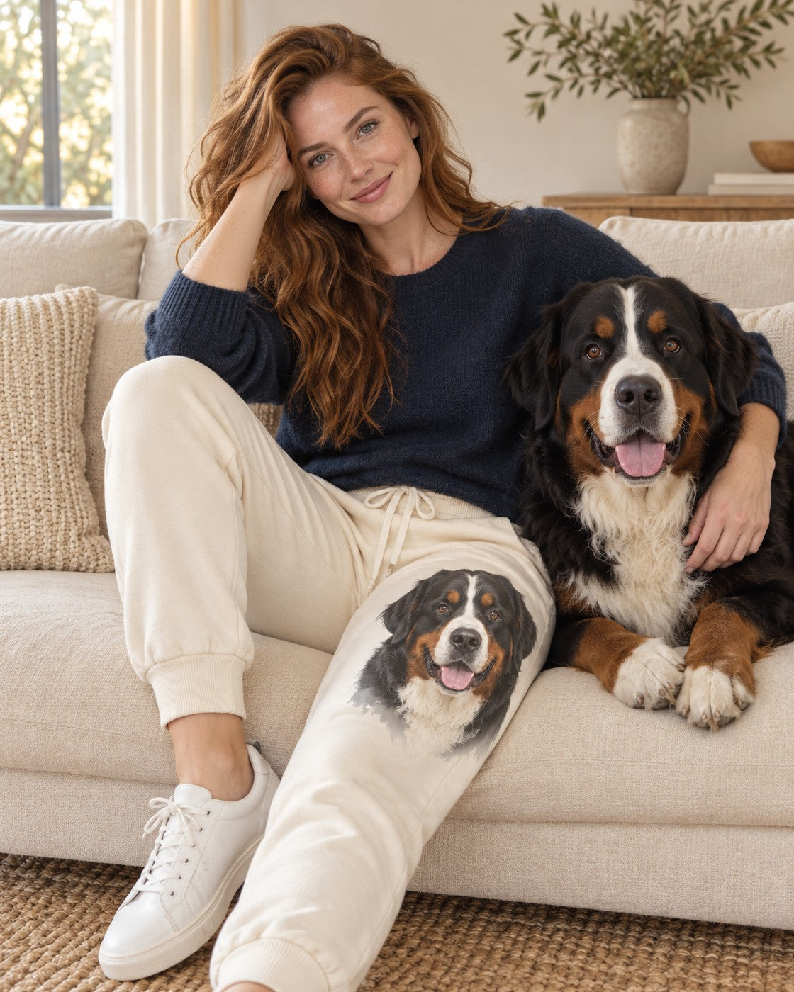 Personalised Statement joggers with a large dog portrait, worn on the sofa, dog Balu