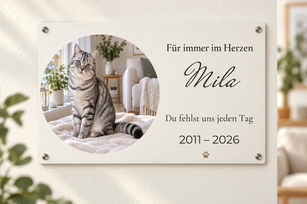 Katzen-Gedenkschild mit Mila, persönlichen Erinnerungsworten und runder Fotogestaltung; Montagebeispiel