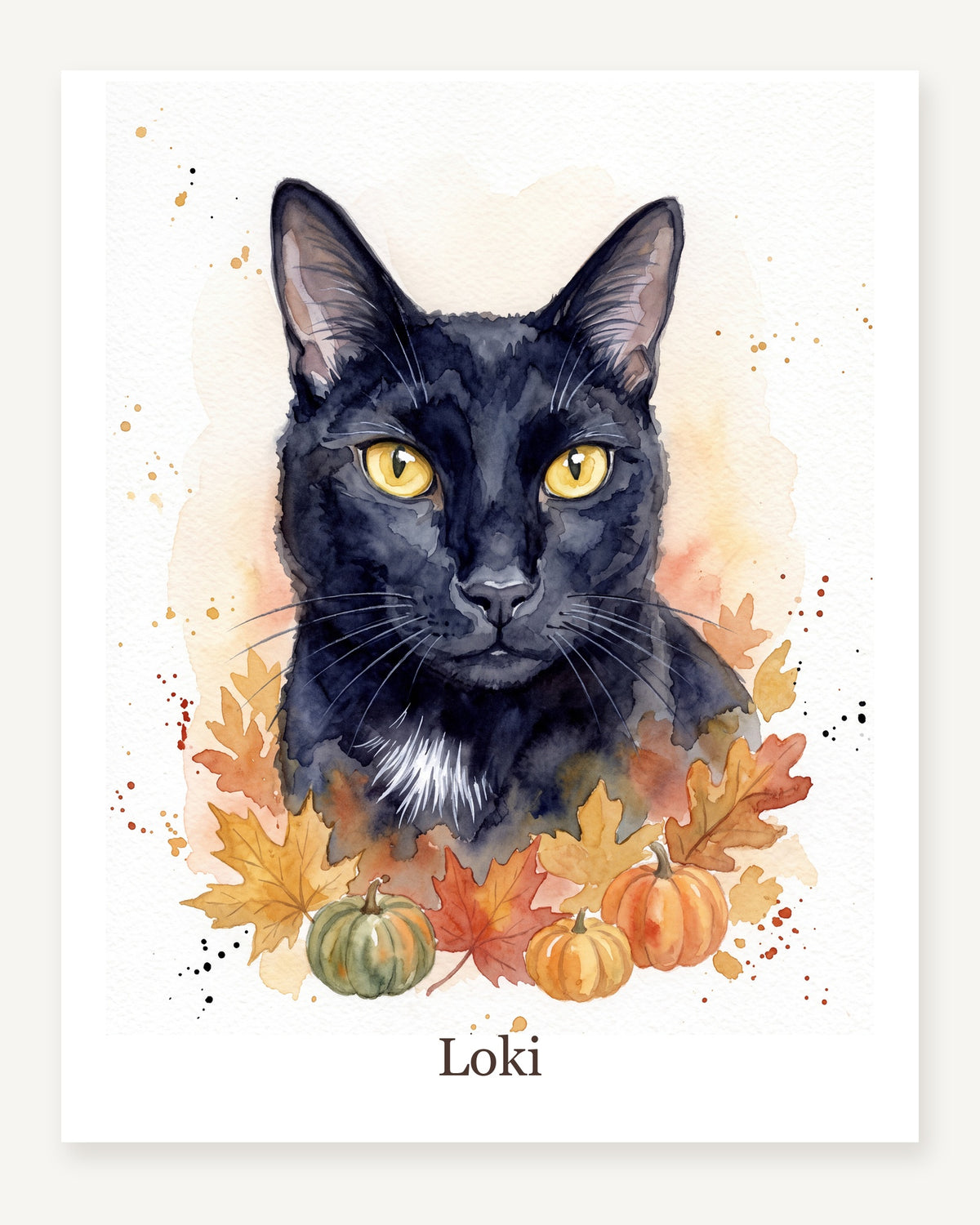 Deine Katze im Herbstlaub als Poster, schwarze Hauskatze Loki im Aquarellstil, freigestellt