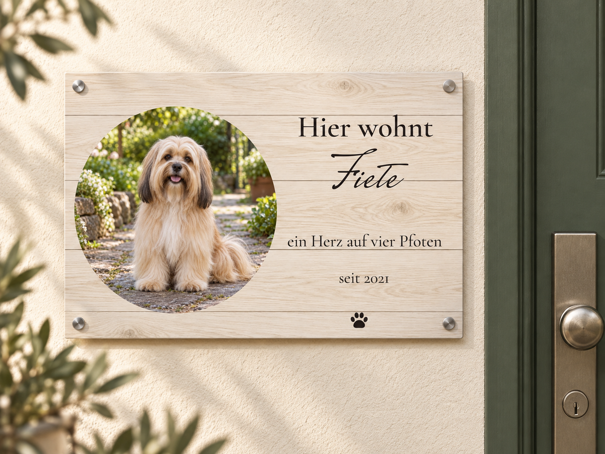Helles Holzdekor mit rundem Foto von Fiete und großem Namen an der Haustür: Gestaltungsbeispiel