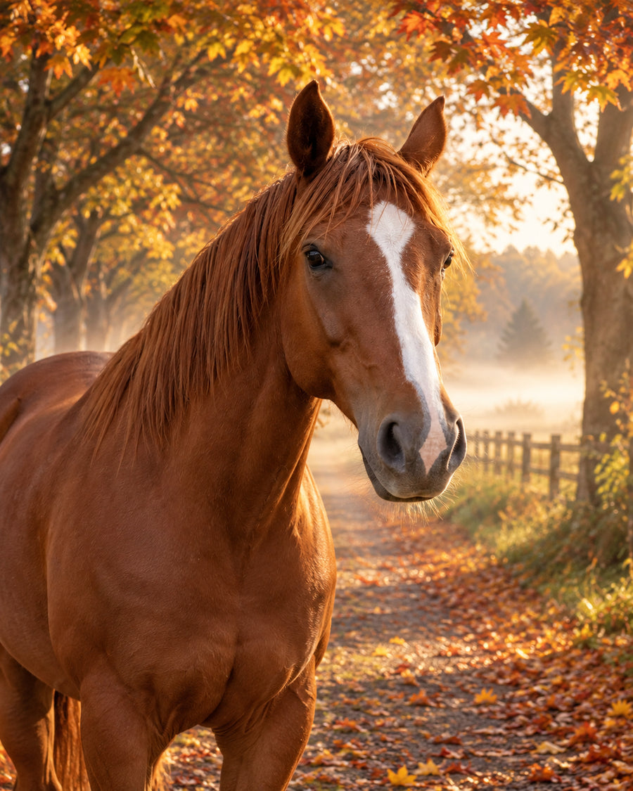 Chestnut horse with a blaze on an autumn path under colourful trees