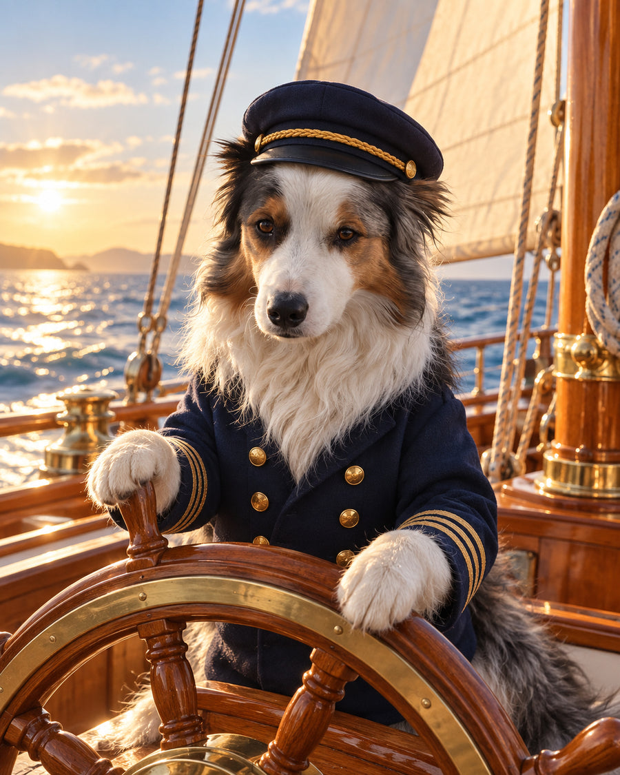 Dog as a captain in uniform at the helm of a sailing boat at sunset