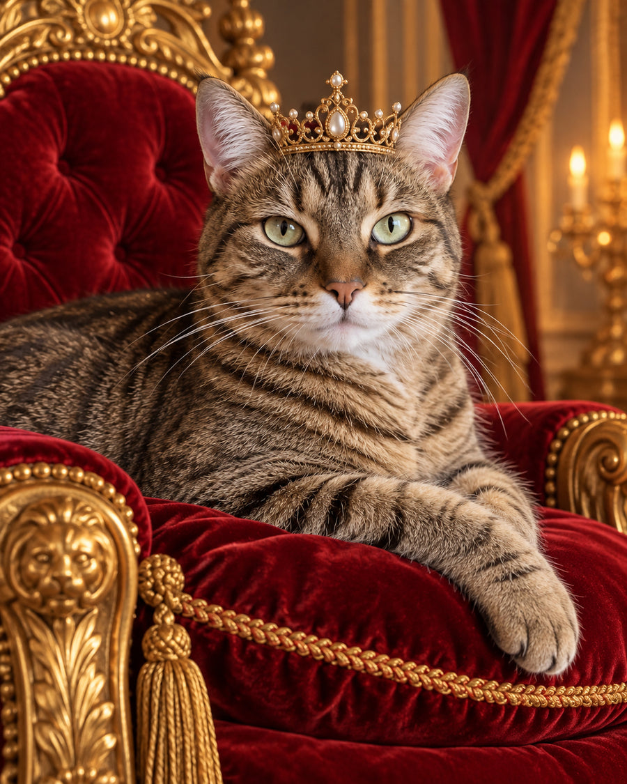 Tabby cat with a crown on a red velvet throne