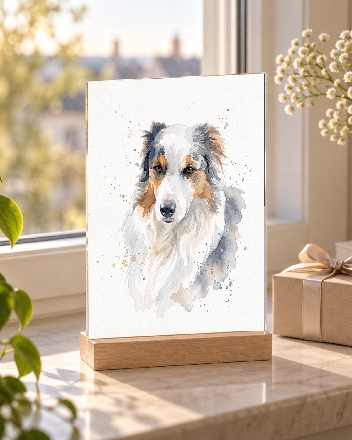 Dog portrait acrylic stand with wooden base in Watercolor style on a windowsill