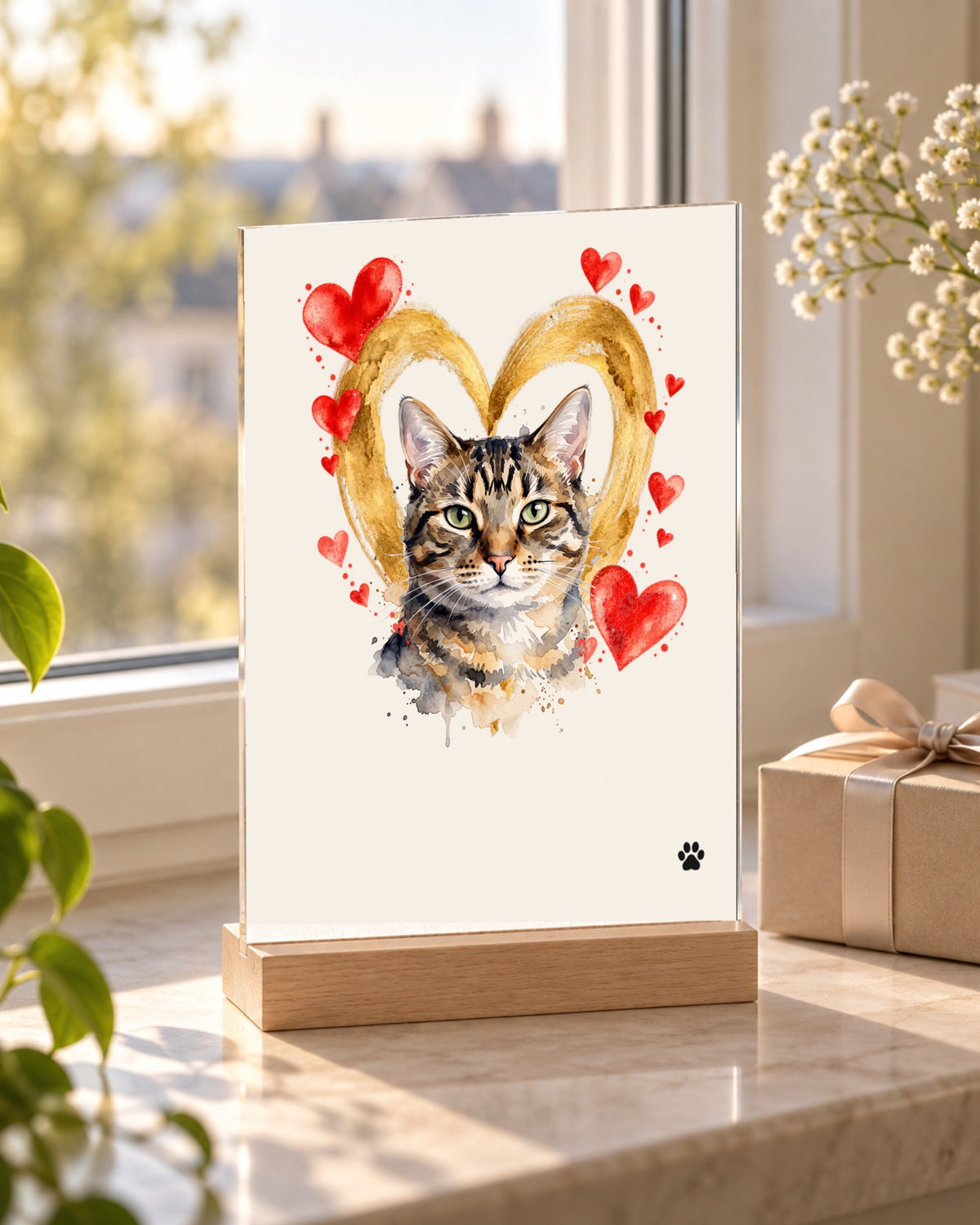 Katzenportrait als Acryl-Aufsteller mit Holzfuß im Stil Herzensbild auf der Fensterbank