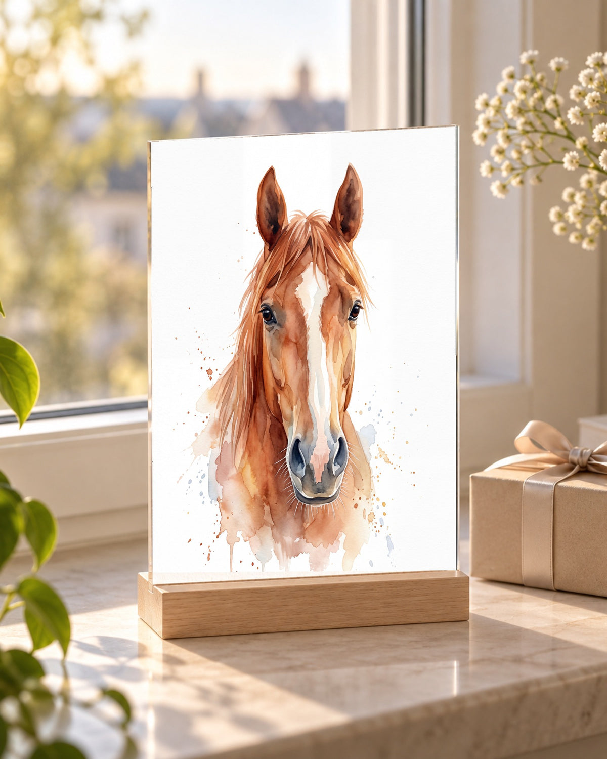 Pferdeportrait als Acryl-Aufsteller mit Holzfuß im Stil Aquarell auf der Fensterbank