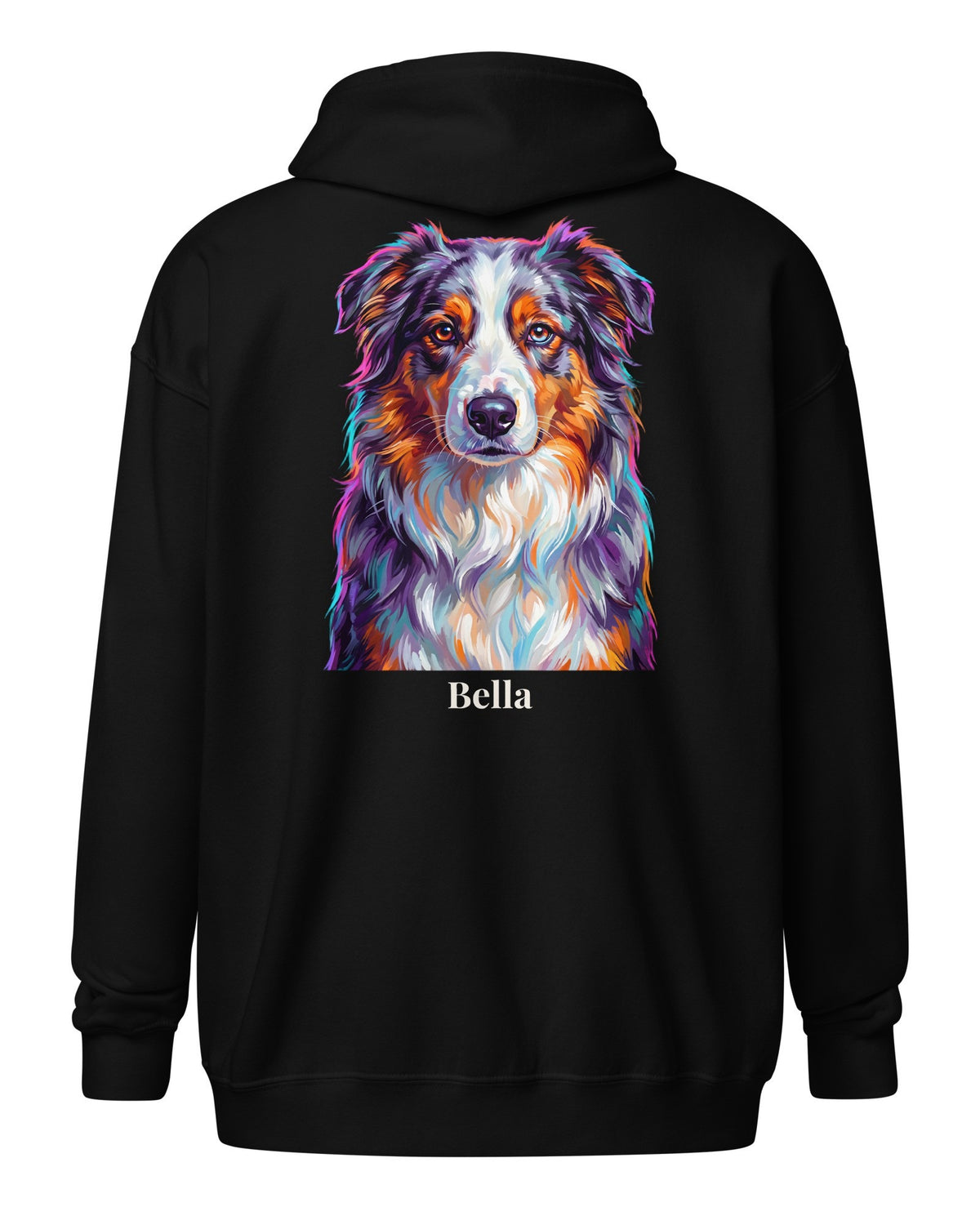 Sweatjacke schwarz mit Hundeportrait im Pop-Art-Stil auf dem Rücken