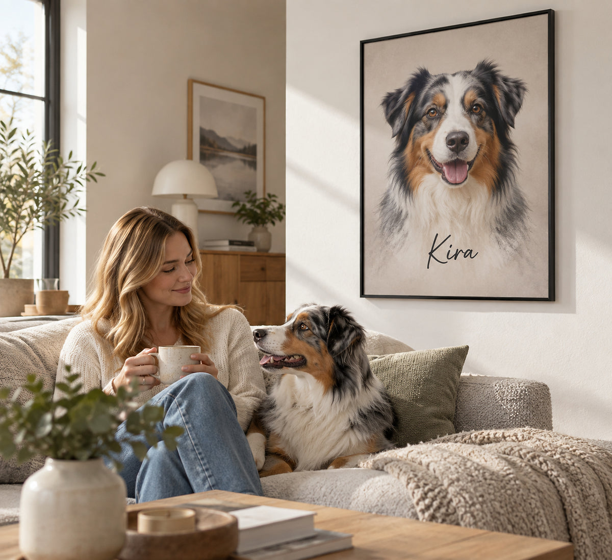 Hundeportrait im Metallrahmen im Wohnzimmer, Australian Shepherd mit dem Namen Kira