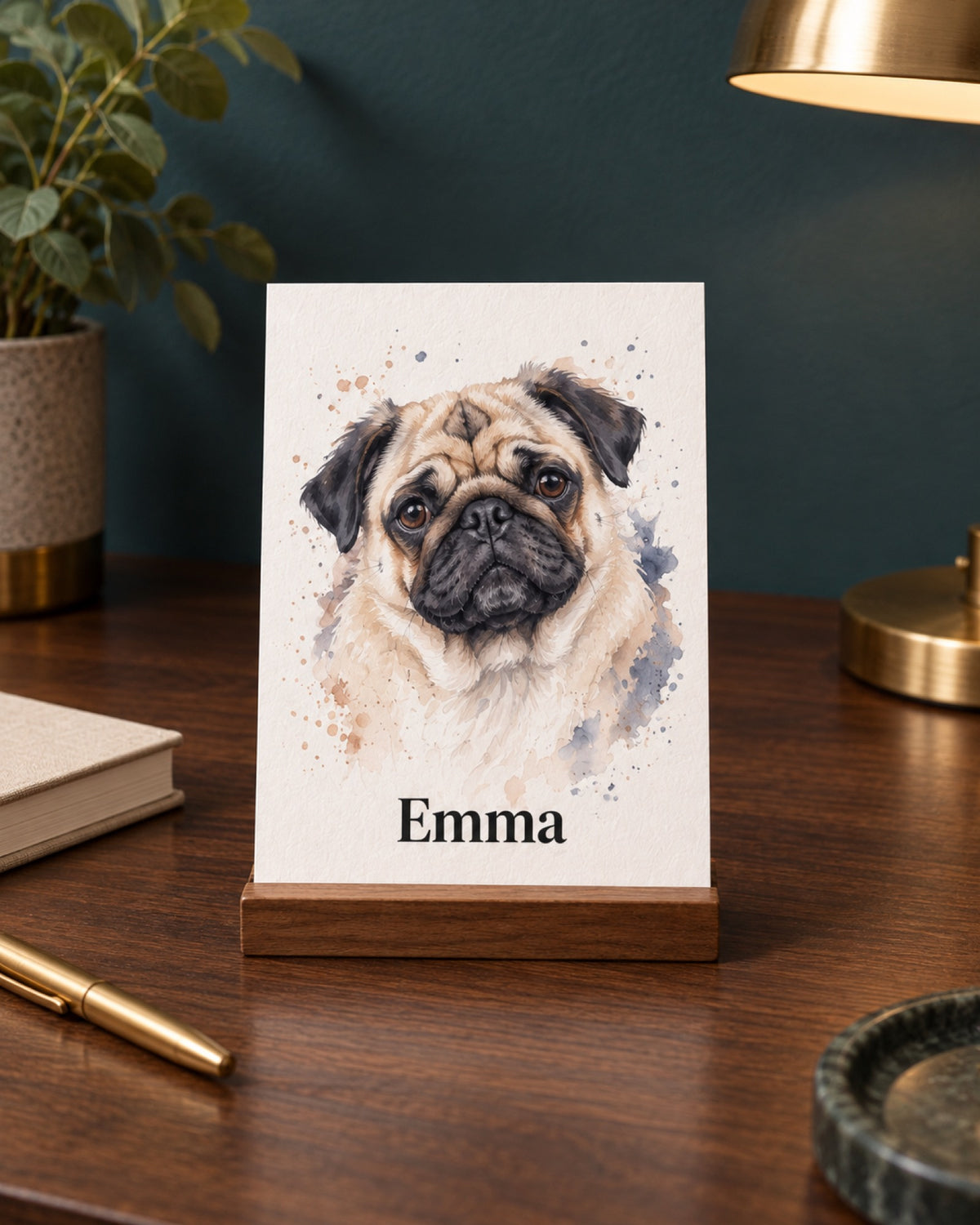 Postkarte A6 mit Mops Emma im Aquarell Stil auf einem dunklen Walnussschreibtisch vor petrolfarbener Wand