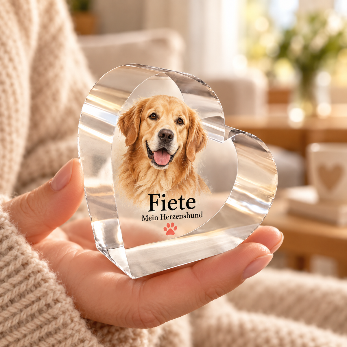 Personalisiertes Acrylherz mit Golden Retriever Fiete, Serifenschrift und Pfote – Gestaltungsbeispiel