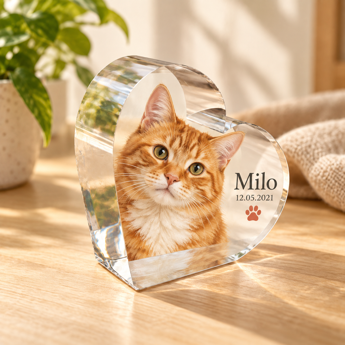 Gestaltungsbeispiel: Katzen-Acrylherz Milo als Ölgemälde mit Namen, Datum und Pfote