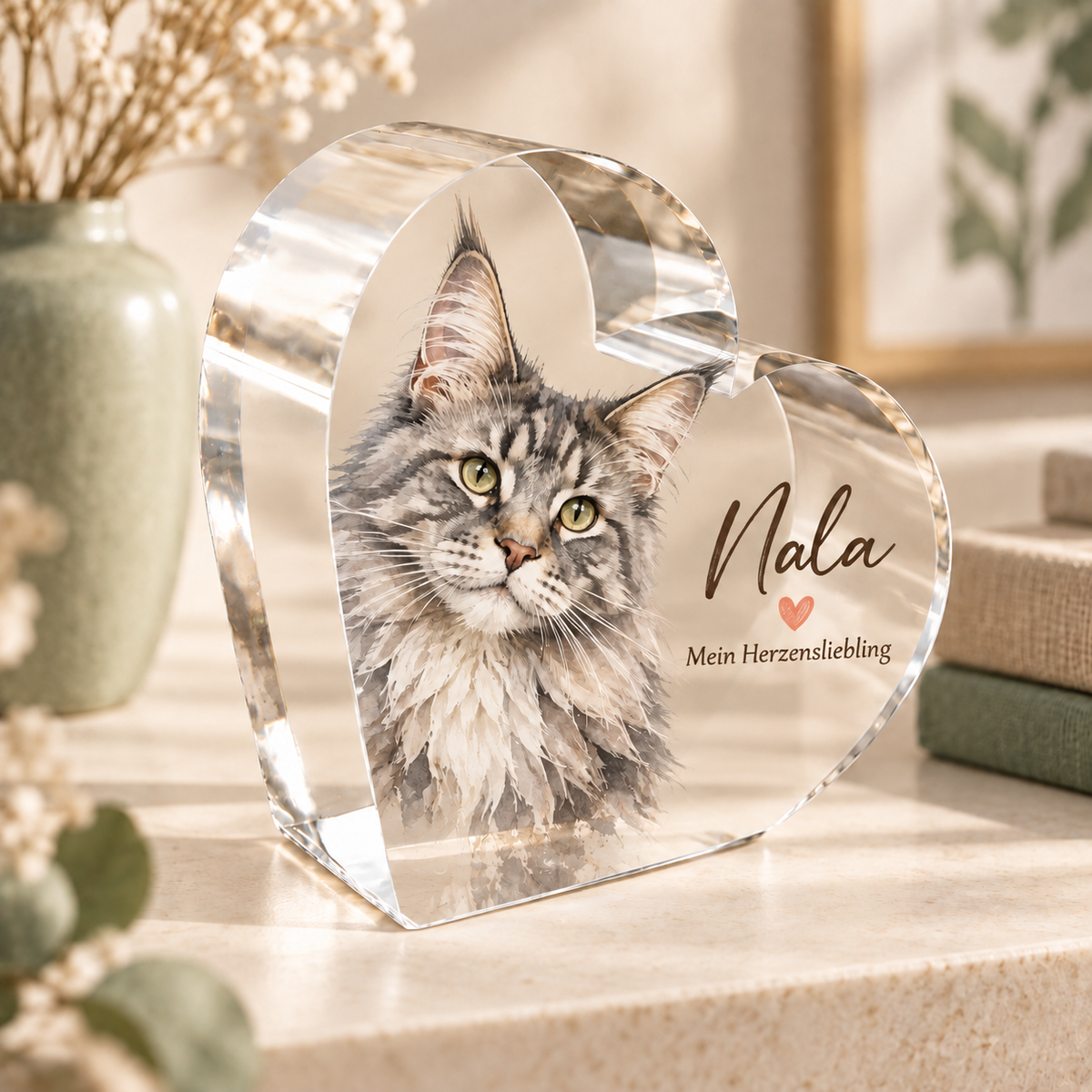 Gestaltungsbeispiel: Maine-Coon-Katze Nala im Aquarell-Stil mit brauner Handschrift und Herz