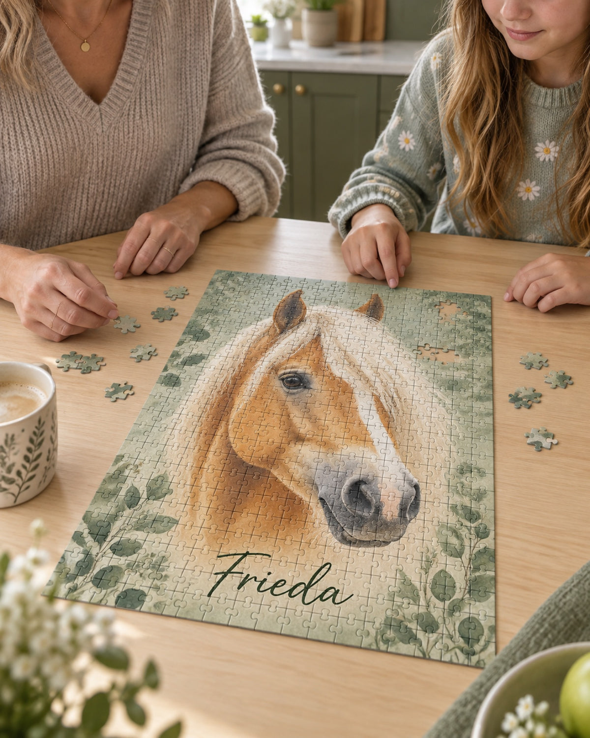 Mutter und Tochter puzzeln am Küchentisch ein personalisiertes Puzzle mit Haflinger Frieda