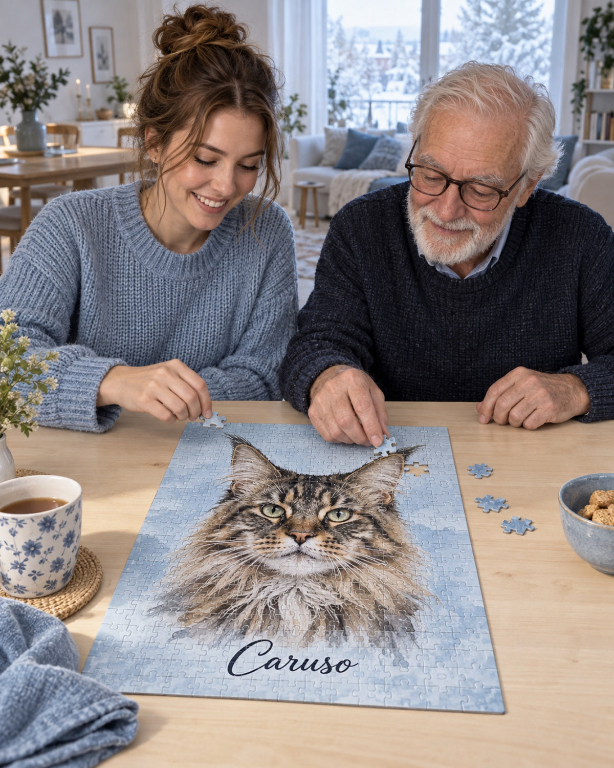 Zwei Menschen puzzeln am Tisch ein personalisiertes Puzzle mit Maine Coon Caruso bei winterlichem Tageslicht