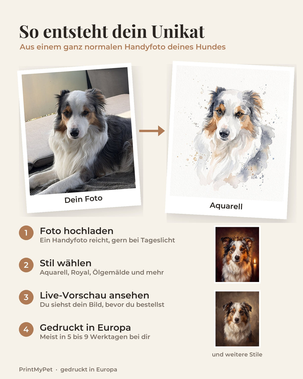 So entsteht dein Unikat: aus dem Handyfoto deines Hundes wird ein Portrait im Stil deiner Wahl, mit Live-Vorschau vor der Bestellung