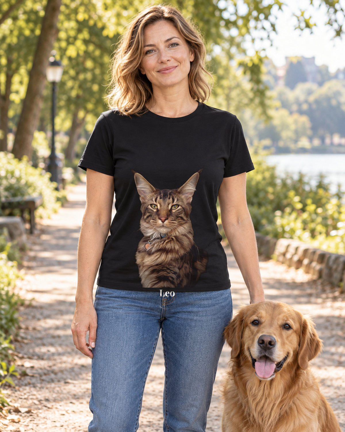 T-Shirt in Waldgrün mit Portrait von einer Maine Coon im Stil Ölgemälde und dem Namen Leo, getragen von einer Frau im Park mit ihrem Hund