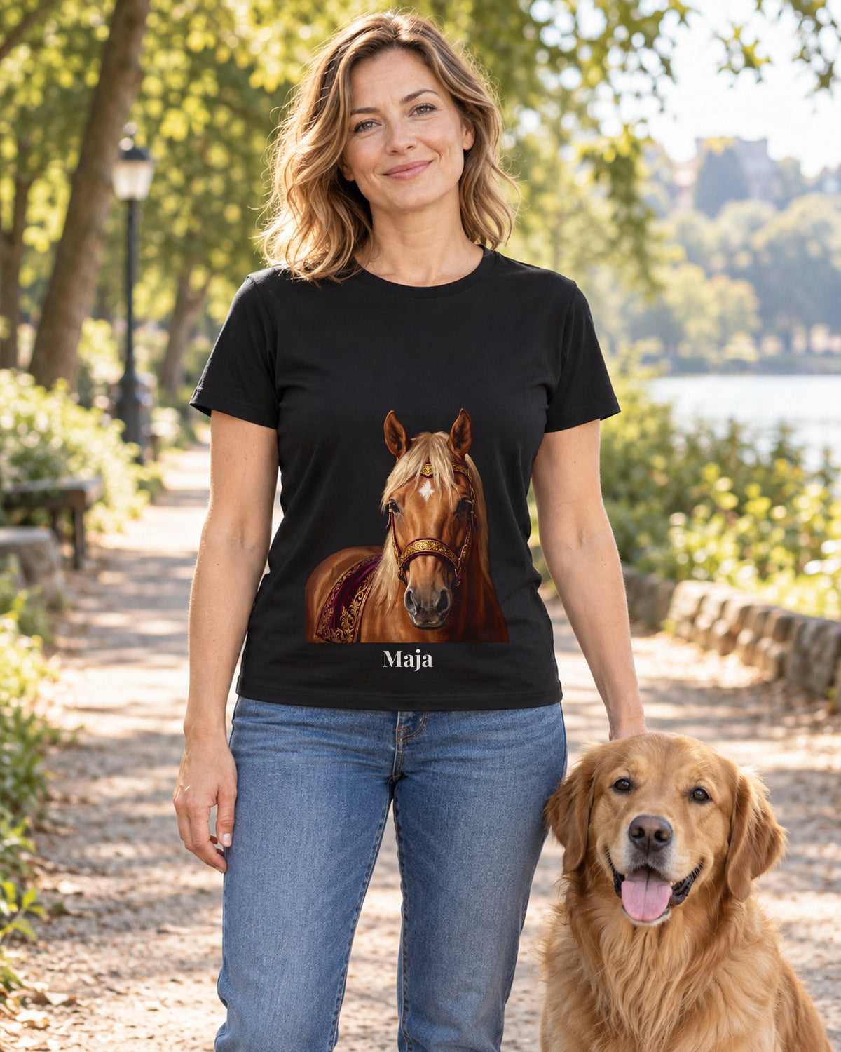 T-Shirt in Waldgrün mit Portrait von einem Haflinger im Stil Royal und dem Namen Maja, getragen von einer Frau im Park mit ihrem Hund