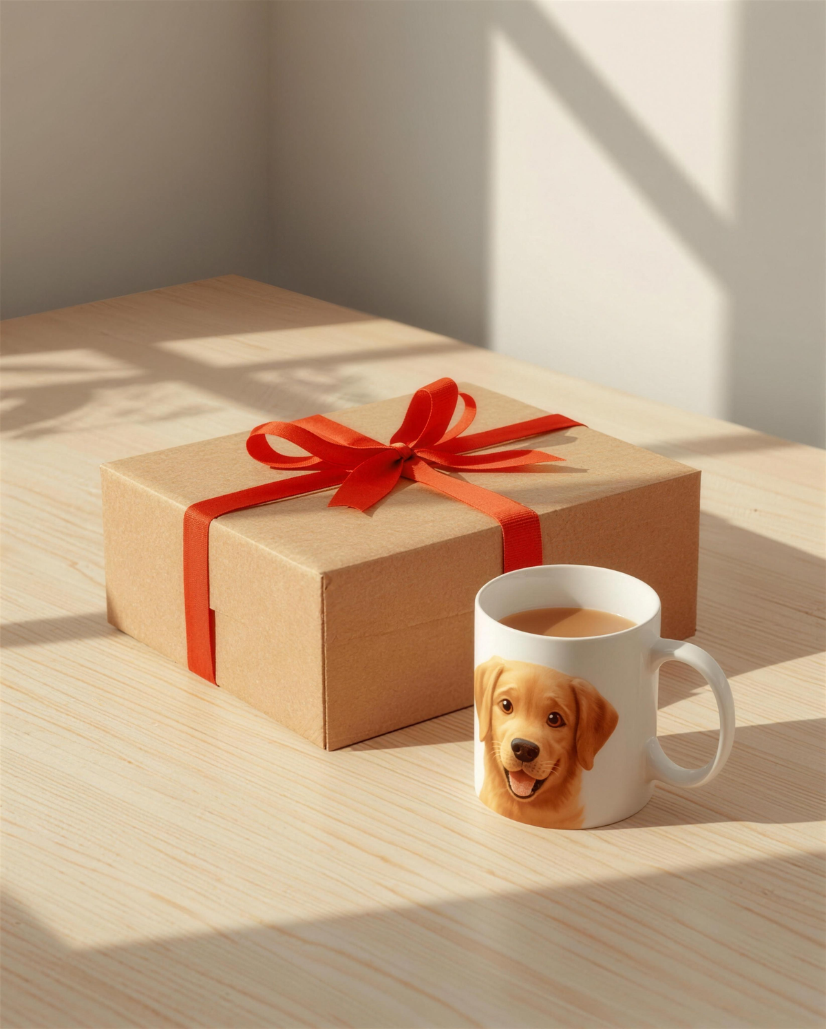 Geschenkbox mit roter Schleife neben einer Tasse mit Hundeportrait