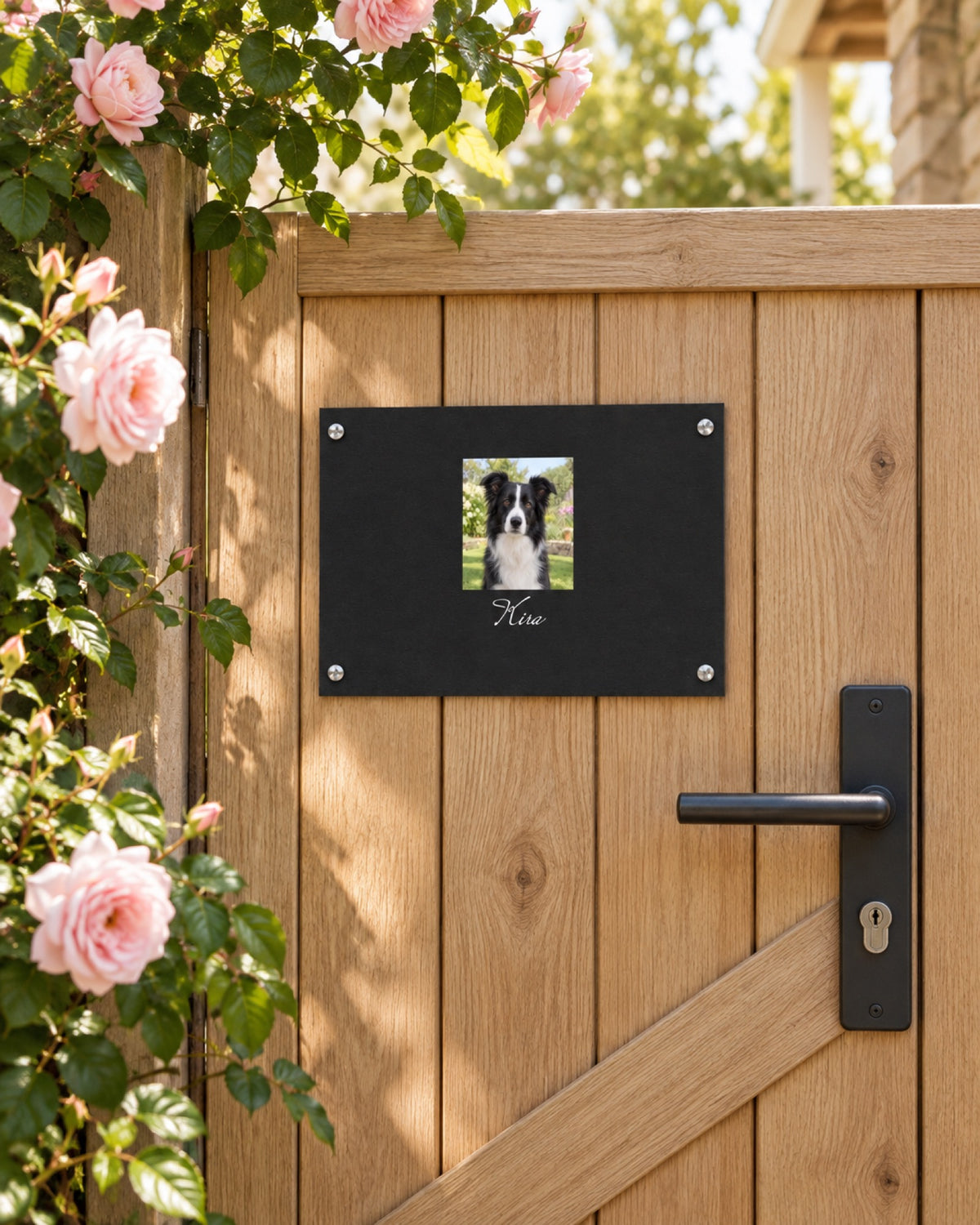 Türschild mit Border Collie Kira an einer hellen Eichenpforte im Frühling