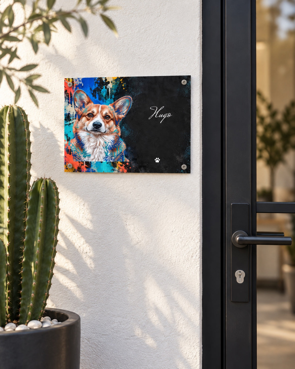 Türschild mit Corgi Hugo an einer weißen Loftwand im Sommer