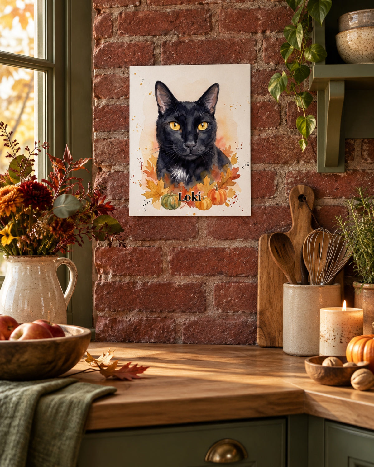 Ungerahmtes Poster mit schwarze Katze Loki in einer Lifestyle-Szene: olivgrüne Landhausküche im Herbst, kleines ungerahmtes Poster an roter gemauerter Nische
