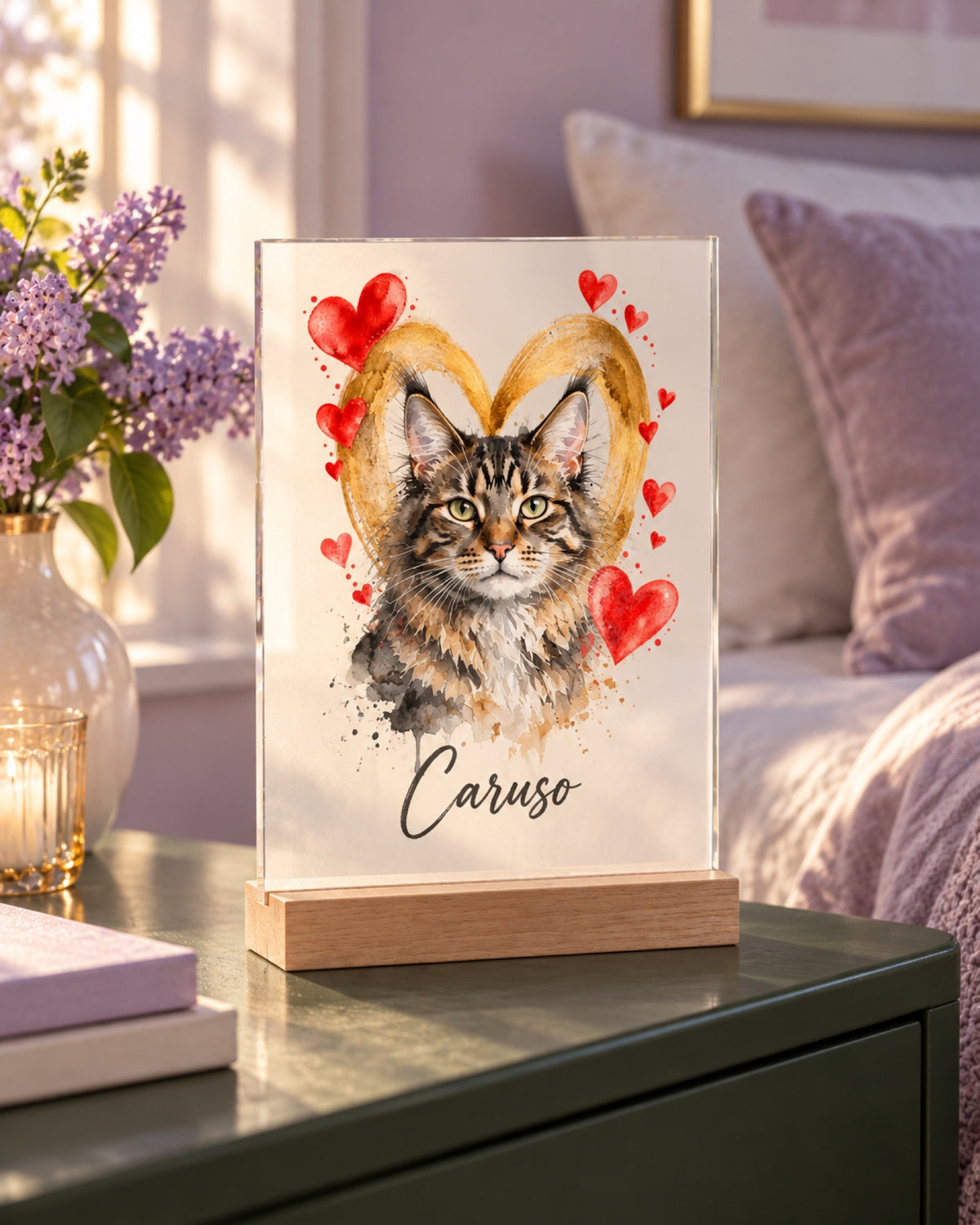Acryl-Aufsteller mit Holzfuß, Maine Coon Caruso und Herzmotiv auf einem grünen Nachttisch im lilafarbenen Schlafzimmer
