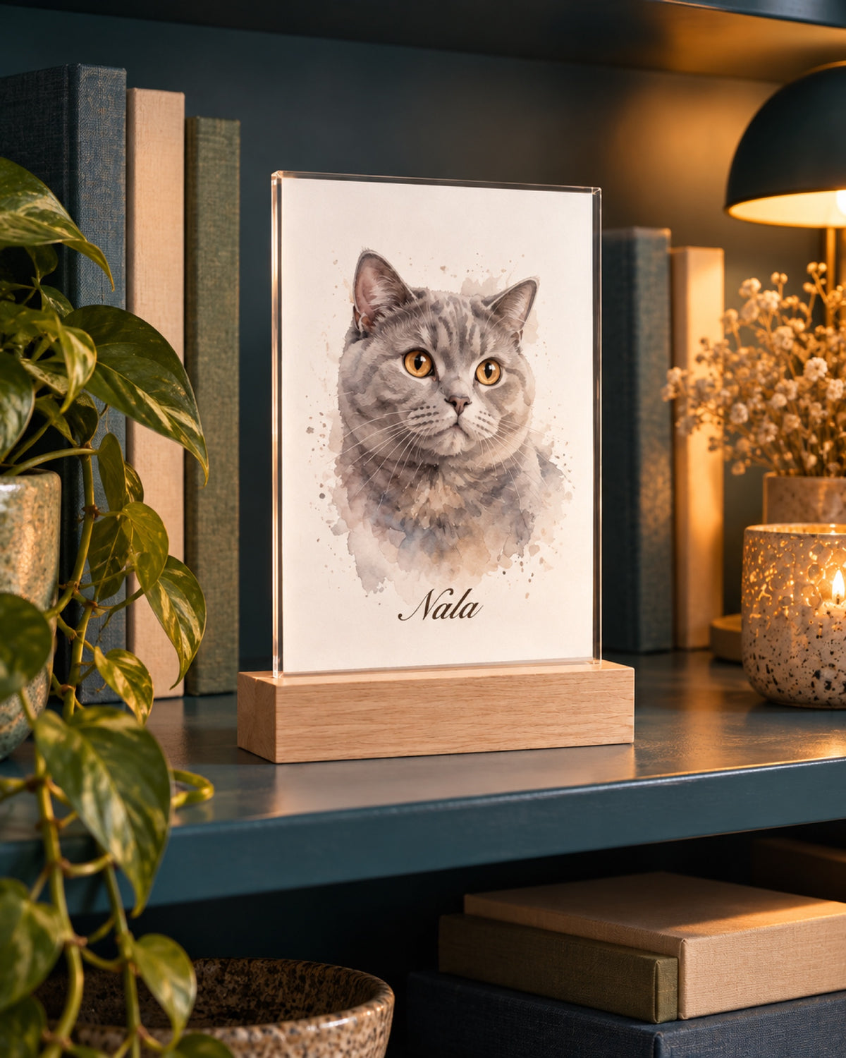 Acryl-Aufsteller mit Holzfuß und Britisch Kurzhaar Nala als Aquarellportrait, Name Nala in einer Lifestyle-Szene: petrolfarbenes Bücherregal im Atelier bei Abendlicht, Bücher ohne Schrift