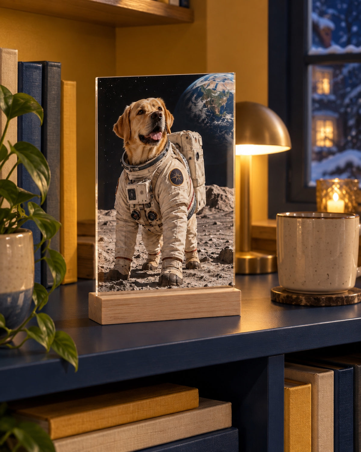 Acryl-Aufsteller mit Holzfuß und Golden Retriever als Astronaut in einer Lifestyle-Szene: senfgelbe Bibliothek, Acryl auf dunkelblauem niedrigen Regal, Winterabend