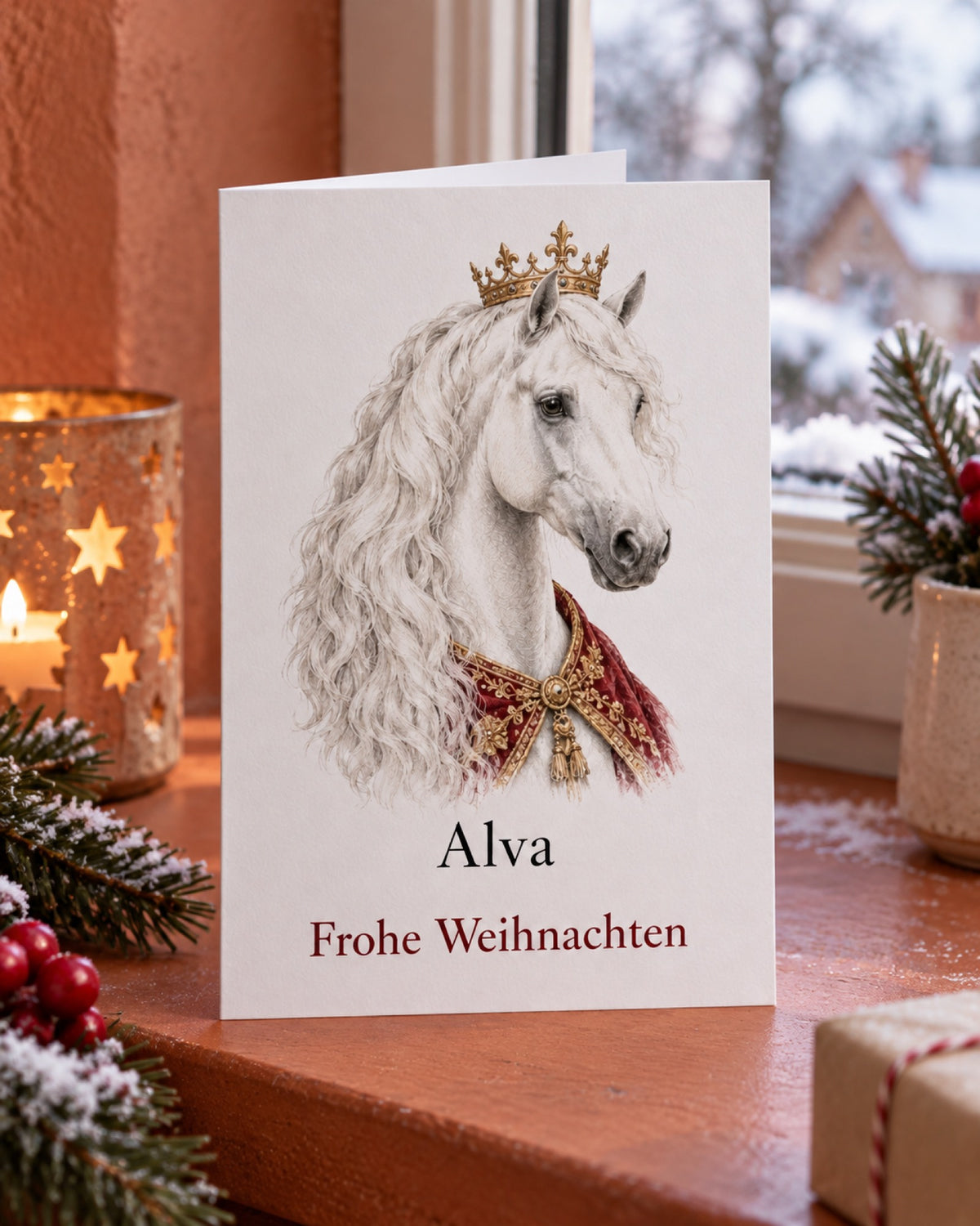 Weihnachtskarte mit Schimmel im Royal-Stil und Namen Alva auf einer terrakottafarbenen Fensterbank im verschneiten Winter