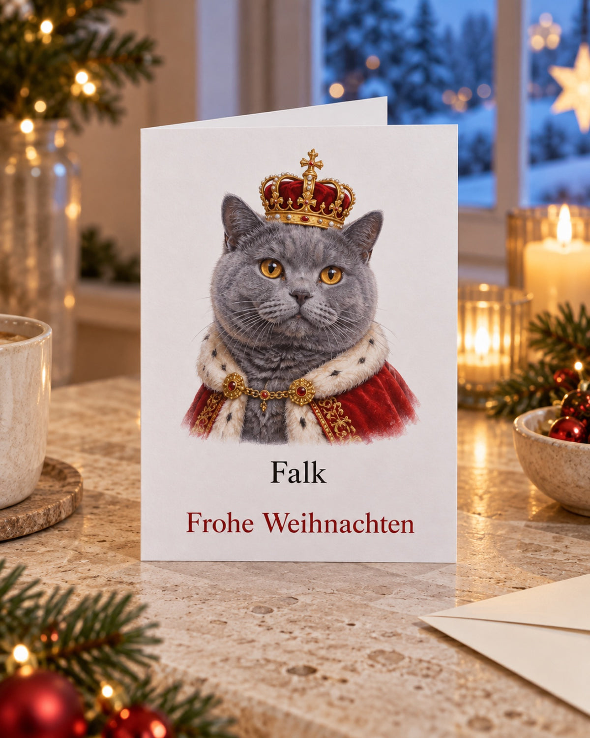 Weihnachtskarte mit Britisch Kurzhaar im Royal-Stil und Namen Falk auf einem hellen Travertintisch vor blauem Adventsfenster